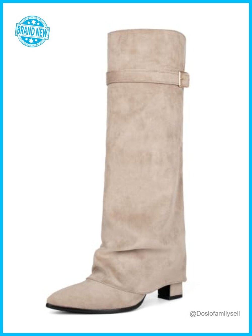 Faux Suede Fold Over Knee High Block Heel Pointy Toe Boots Slouchy Pull On